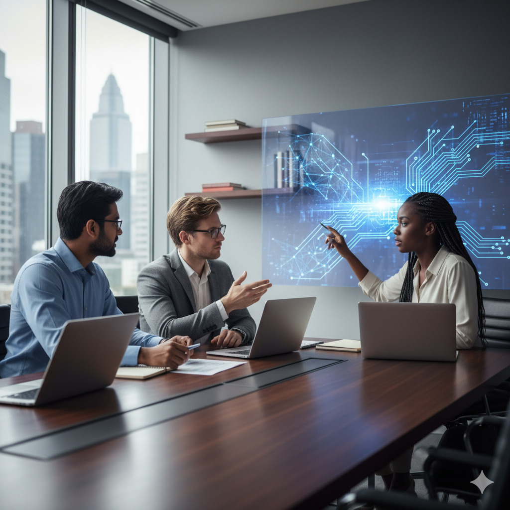 Diverse team discussing AI ethics and governance